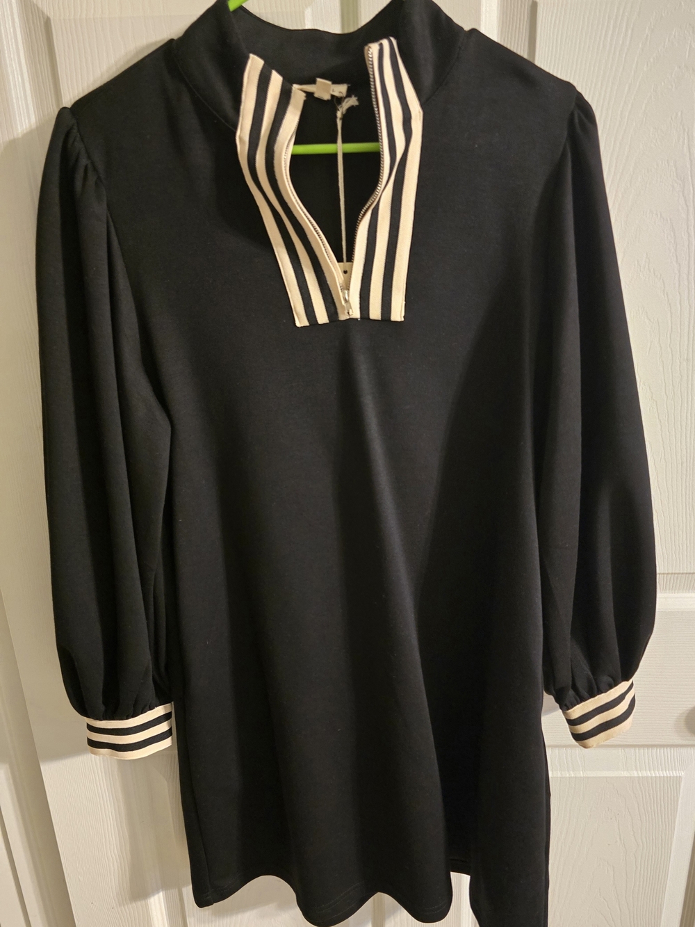 Black Dress with Striped Trim - Classic Long Sleeve Women’s Dress